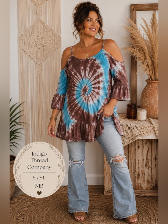 Indigo Thread Co Tops - Indigo Thread Co. NIB Tie-Dye Ruffle Tunic | Size L | Boho Bell Sleeve Top